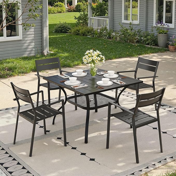 Patio Dining Set for 4, 37.8" Outdoor Dining Table and Chairs Set with Stackable Patio Chairs Outdoor Furniture for Garden Deck Backyard, Black Table and Black Chairs
