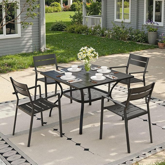 Patio Dining Set for 4, 37.8" Outdoor Dining Table and Chairs Set with Stackable Patio Chairs Outdoor Furniture for Garden Deck Backyard, Black Table and Black Chairs