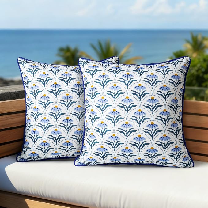 Outdoor Pillow Covers 18x18 Inch, Water-Resistant Decorative Pillow Covers Pack of 2, Floral Throw Pillow Case for Patio Furniture Tent Garden, Blue Bloom with Blue Edge, Cover ONLY