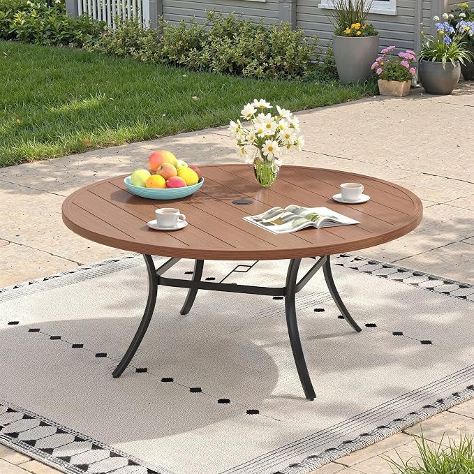 Outdoor Dining Table for 8, 53" Round Outdoor Table with Adjustable Umbrella Hole, All-Weather Metal Patio Dining Table for Lawn Garden Backyard Deck, Walnut
