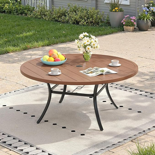 Outdoor Dining Table for 8, 53" Round Outdoor Table with Adjustable Umbrella Hole, All-Weather Metal Patio Dining Table for Lawn Garden Backyard Deck, Walnut