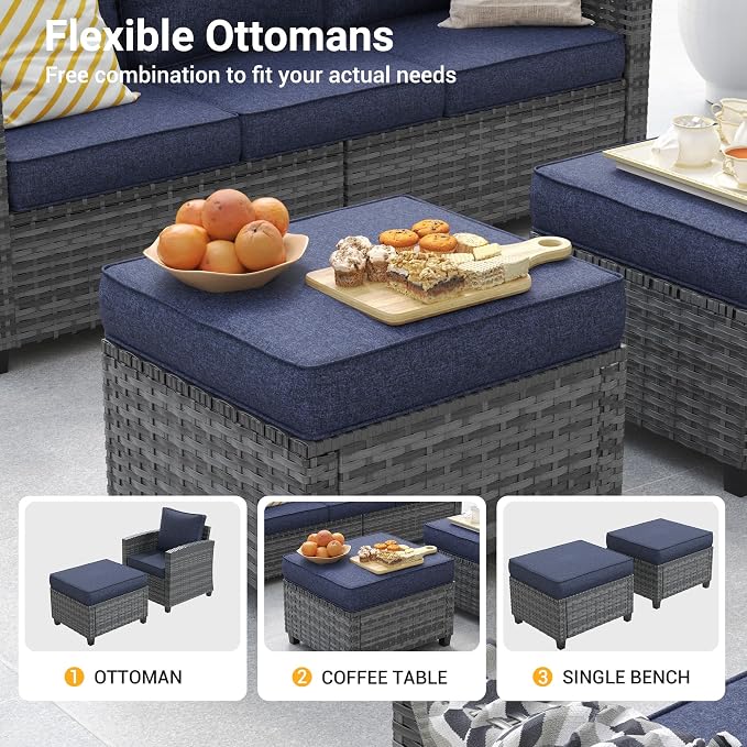 6 Pcs Patio Furniture Set with 44" Propane Gas Fire Pit Table, Rattan Outdoor Couch with Ottomans, 4" Thick Cushions for Backyard Garden Deck,Navy Blue