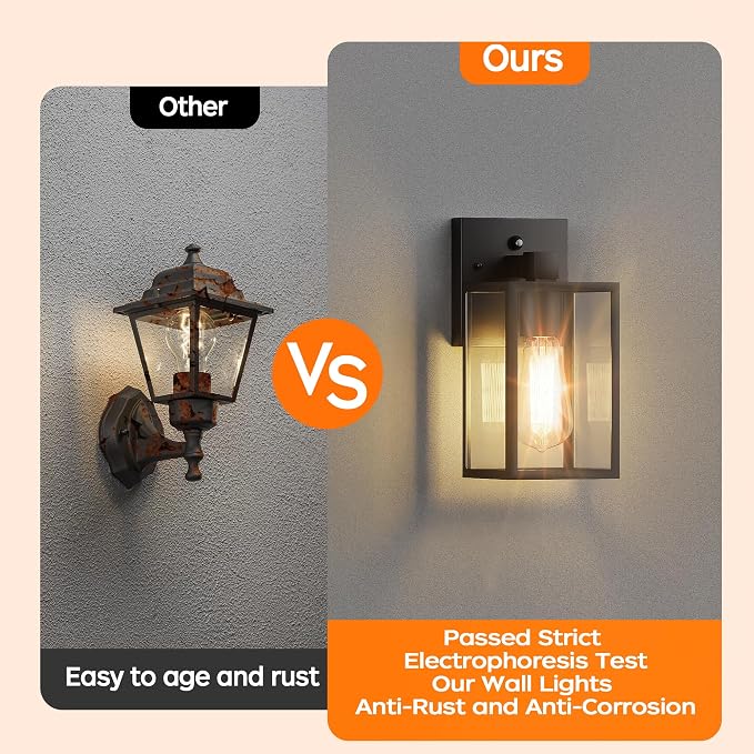 Dusk to Dawn Exterior Lighting Fixtures, Outdoor Porch Light Wall Sconce | 10.65 inch, Anti-Rust Metal Frame, Tempered Glass, E26 Base, Waterproof, Sensor Wall Lantern for Patio, Garage, Entryway