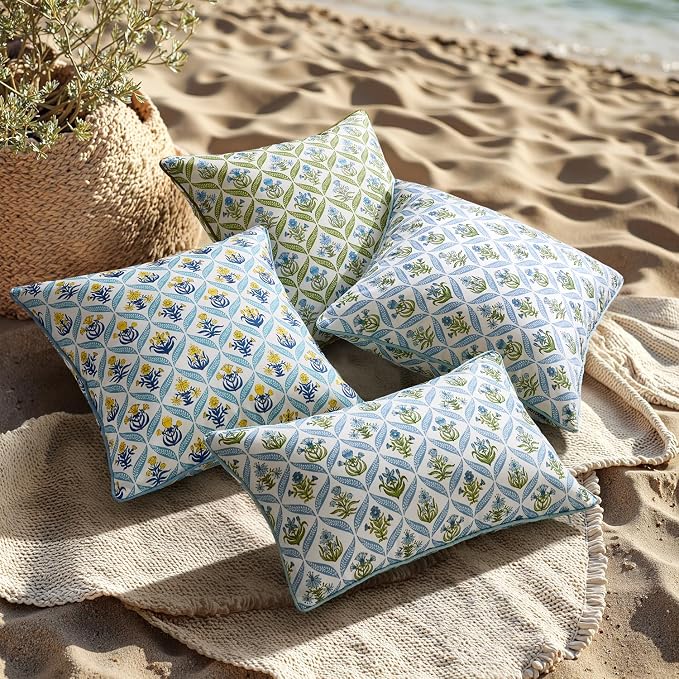 ANRODUO Floral Outdoor Waterproof Pillow Covers Set of 2 Blue 16x16 Inch | Square Block Print Decorative Cushion Cases With Refined Edge Piping for Summer Patio Porch Garden Couch Sofa Bench Decor