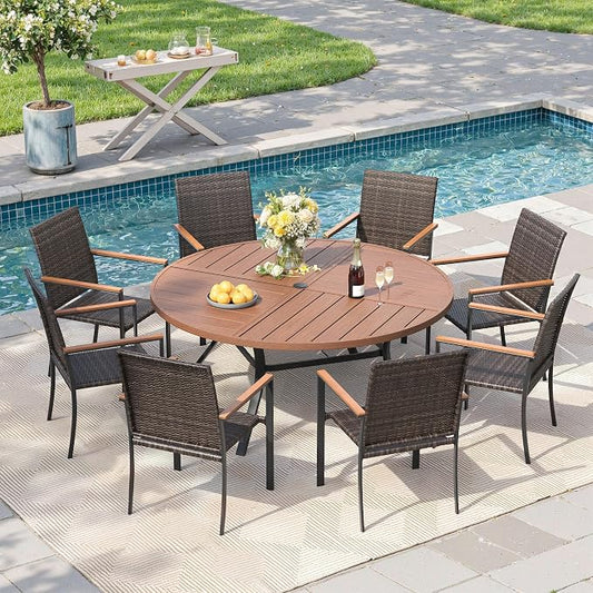 Round Patio Dining Set for 8, Outdoor Furniture Set of 53.1" Round Metal Table with Umbrella Hole and Stackable Wicker Patio Chairs for Backyard Lawn Garden, Walnut Chairs, Walnut Table