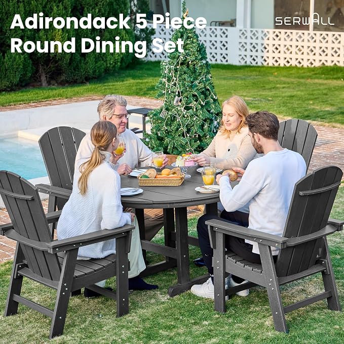SERWALL 6-Piece Patio Dining Sets with Umbrella, HDPE Outdoor Table and Chairs Furniture Set, 45" Round Dining Table & 4 Adirondack Dining Chairs & 1 9FT Umbrella, Grey(Not Include Umbrella Base)