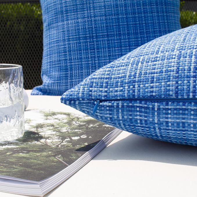 Kevin Textile Outdoor Waterproof 26x26 Inch Pillow Covers 2 Pack, Blue | Water Resistant, Faux Linen Yarn-dyed, Woven Texture Euro Throw Pillow Covers for Tent Patio Garden Couch Sofa