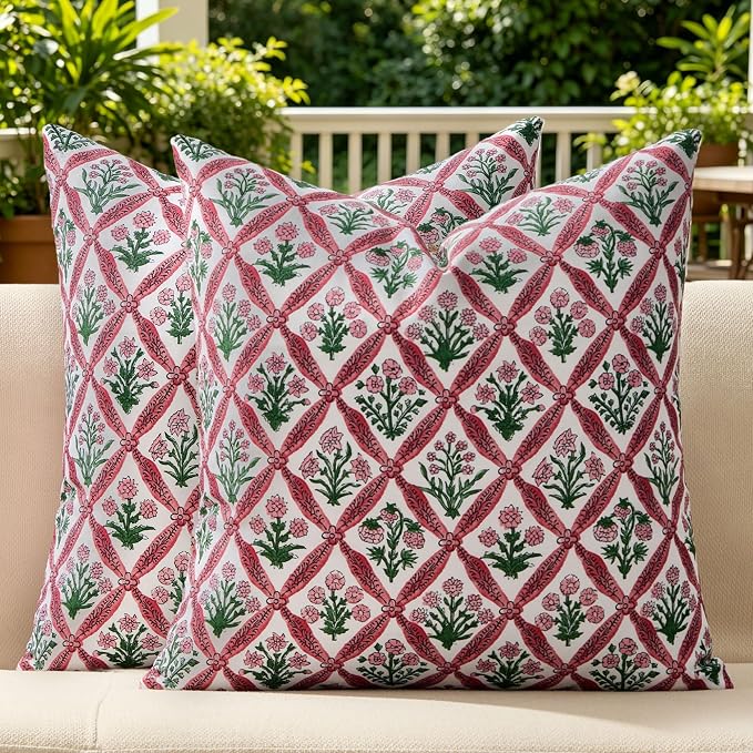 Allorry Floral Outdoor Pillow Covers 16x16 Rose Pink Waterproof Decor | Set of 2 Vintage Floral Block Print Pillow Cover,Farmhouse Boho Decorative for Spring Summer Outdoor Sofa Bedroom Decor
