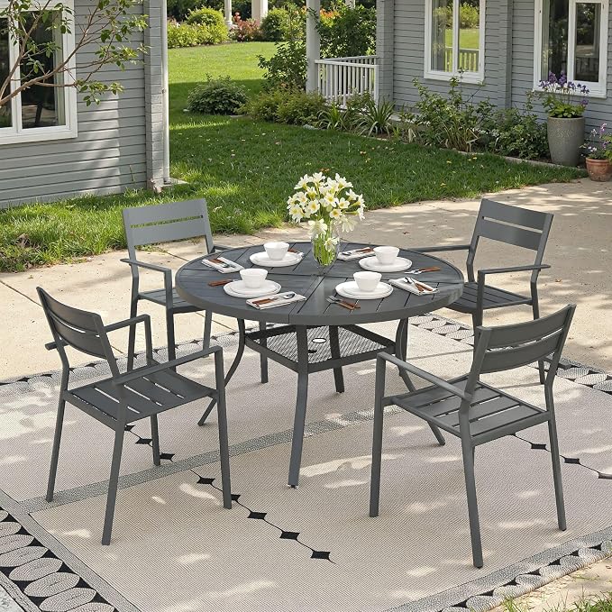 Patio Dining Set for 4, Round 40.7" Patio Dining Table and Stackable Outdoor Dining Chairs Outdoor Furniture for Backyard Porch Deck, Spliced Dark Grey Table and Grey Chairs