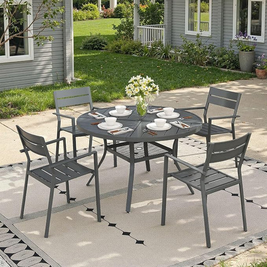 Patio Dining Set for 4, Round 40.7" Patio Dining Table and Stackable Outdoor Dining Chairs Outdoor Furniture for Backyard Porch Deck, Spliced Dark Grey Table and Grey Chairs