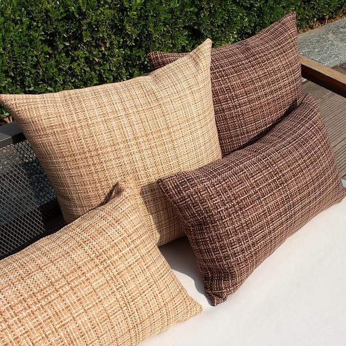 Kevin Textile Outdoor Waterproof 22x22 Inch Pillow Covers 2 Pack, Brown | Water Resistant, Faux Linen Yarn-dyed, Woven Texture Throw Pillow Covers for Tent Patio Garden Couch Sofa