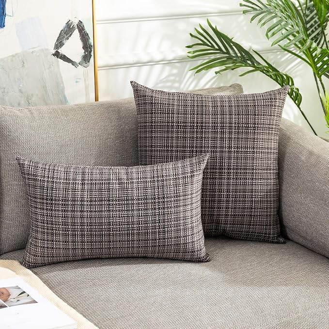 Kevin Textile Outdoor Waterproof 26x26 Inch Pillow Covers 2 Pack, Grey | Water Resistant, Faux Linen Yarn-dyed, Woven Texture Euro Throw Pillow Covers for Tent Patio Garden Couch Sofa