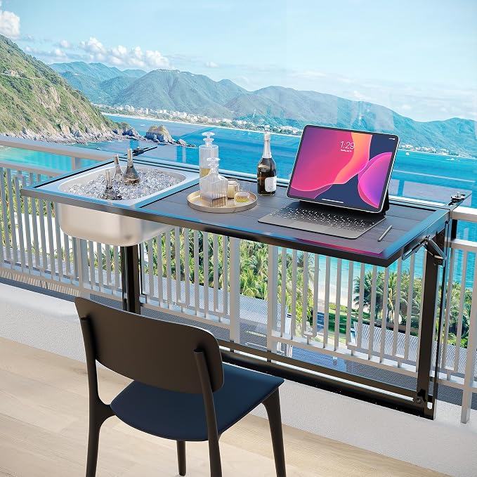 Foldable Balcony Table Outdoor Patio Bar Table with Staice Bucket, Adjustable Above Ground Pool Side Bar Table Fit for Oval Frame, Hanging Balcony Railing Table, 40” x 7”