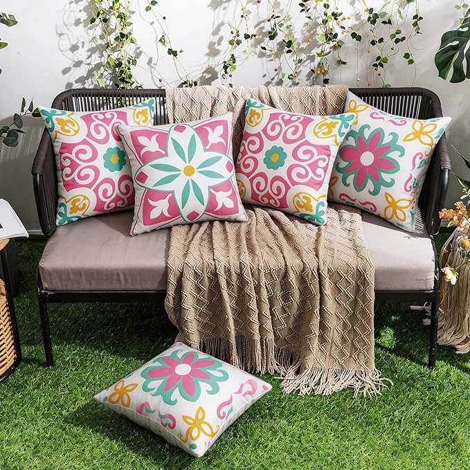 Pyonic Spring Summer Outdoor Pillows Waterproof Throw Pillow Covers Set of 4 Pink Green Floral Printed and Boho Farmhouse Outdoor Pillow Covers for Patio Funiture Garden 18x18 Inch