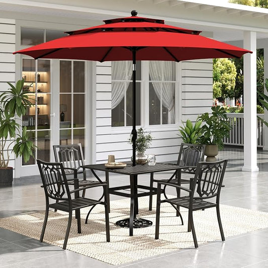 Sophia & William Patio Dining Set for 4 with 10ft 3 Tier Auto-tilt Umbrella, Outdoor Table Furniture Set with 4 x Metal Outdoor Chairs, 1 x Metal Square Dining Table and 1 Orange Red Patio Umbrella