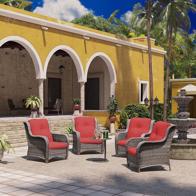 Outdoor Wicker Chair Rattan Patio Dining Chairs Set of 4 PE Patio Chairs with 3.5 inch Seat Cushions Outdoor Patio Seating Chair for Garden, Backyard Swimming Pool, Balcony, Red