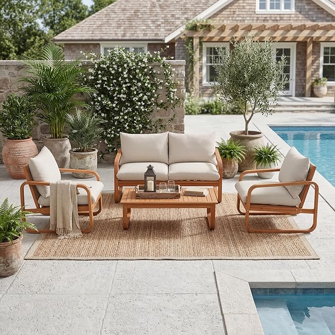 Merax Outdoor 4-Piece Acacia Wood Conversation Set - Patio 2-Seat Loveseat Sofa w/Cushion, 2 Armchair and Square Coffee Table for Backyard, Lawn, Balcony, Beige + Natural