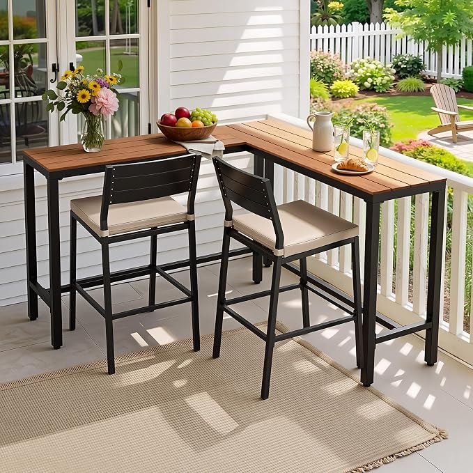 Crestlive Products Outdoor Bar Table, L-Shaped 55'' All-Weather Metal Frame with Slatted Tabletop, Patio Pub Counter Height High Top Table for Balcony, Backyard, Bistro, Garden, and Poolside, Brown