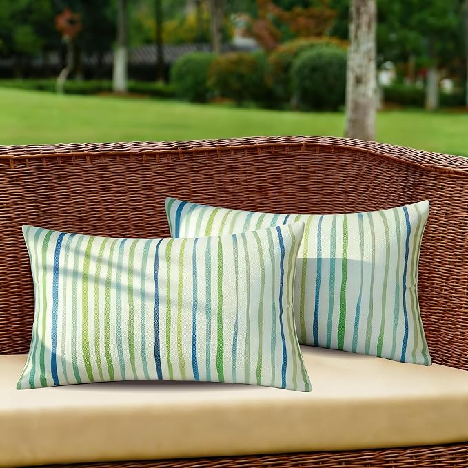 All Smiles Sage Green Outdoor Waterproof Throw Pillow Covers 18x18 Set of 2 | Spring Summer Decorative Cushion Cases Porch Decor for Patio Bench Garden Furnitures Couch Sofa,Sage Green Lines Stripes