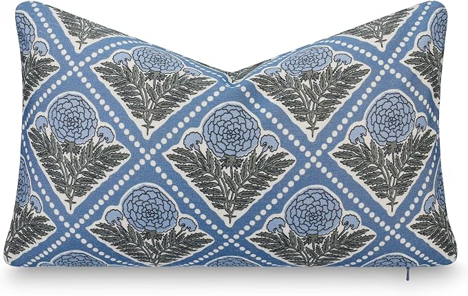 California Casual Coastal Indoor Outdoor Lumbar Pillow Cover, 12"x20" Water Repellent for Patio, Backyard, Couch, Azure Light Blue Block Print Vintage Hydrangea Flowers