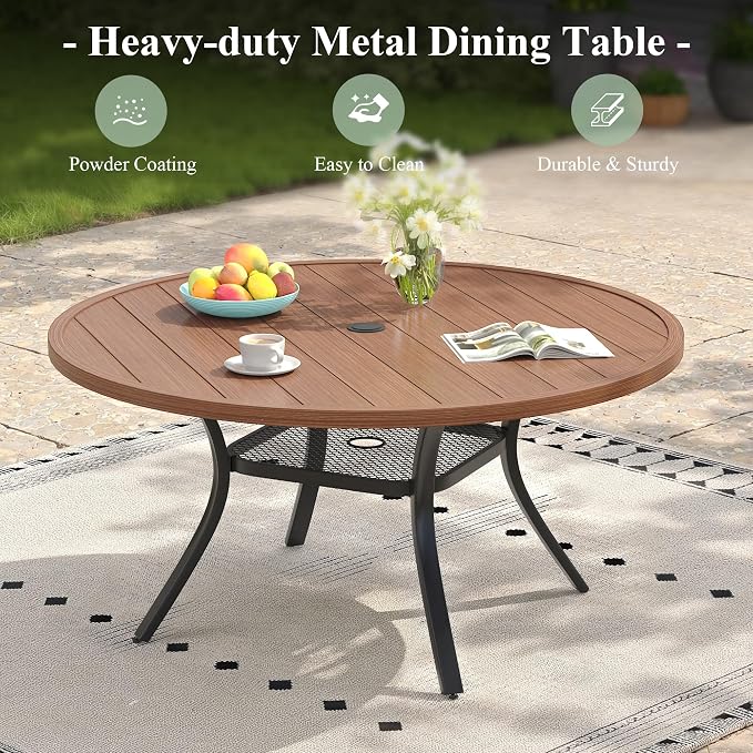 Patio Dining Set for 6, 47.2" Outdoor Dining Table and Chairs Set with Stackable Patio Chairs Outdoor Furniture for Garden Deck Backyard, Walnut Table and Black Chairs