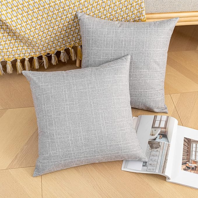 Kevin Textile Outdoor Waterproof 16”x16” Pillow Covers 2 Pack, Grey | Water Resistant, Soft Faux Linen-cotton Yarn-dyed Woven Texture Throw Pillow Covers for Tent Patio Garden Couch Sofa