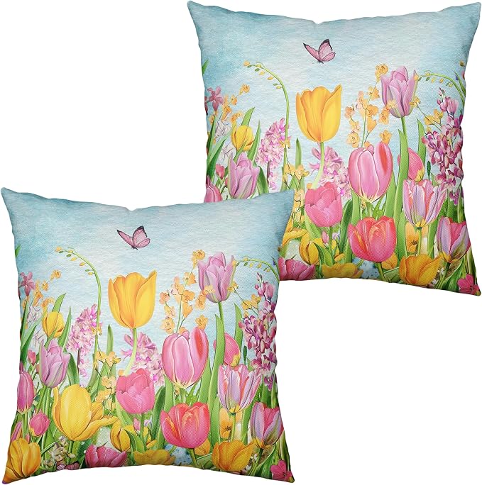 Tulip Pillow Covers 20x20 Set of 2 Spring Throw Pillow Covers Pink Yellow Tulip Floral Outdoor Pillowcase Watercolor Cotton Linen Cushion Case for Sofa Outdoor Patio