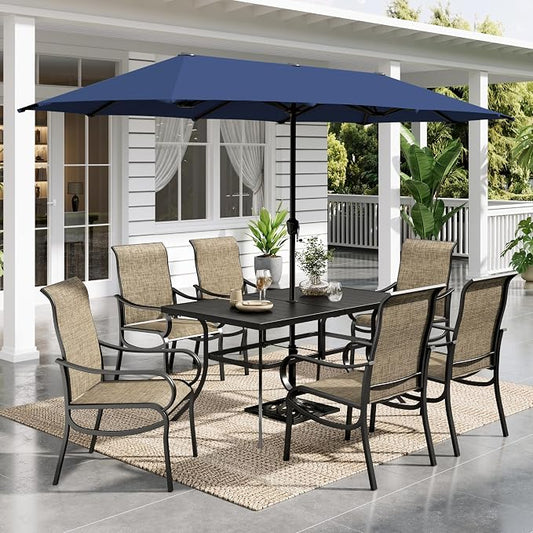 Sophia & William Patio Set with Umbrella, Outdoor Dining Set for 6 Persons, Outdoor Table with 13ft Navy Patio Umbrella & 6 x Fixed Chairs for Lawn Garden Backyard Pool (No Umbrella Base)