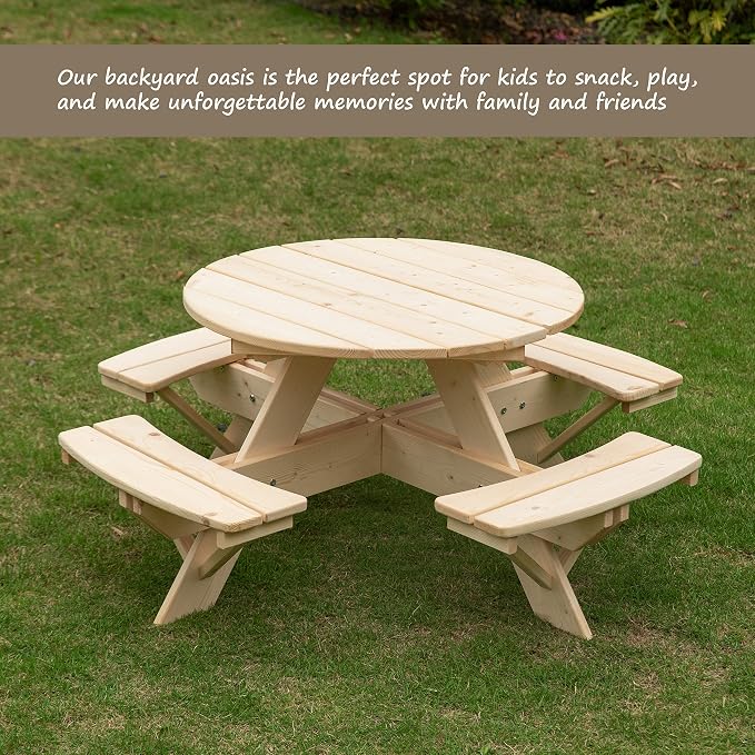 Gardenised Wooden Kids Round Picnic Table Bench, Outdoor Children's Backyard Table, Crafting, Dining, and Playtime Patio Table