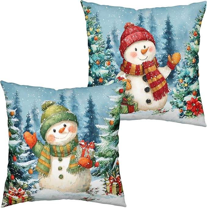Lovely Green and Red Snowman Pillow Covers Christmas Throw Pillow Covers 22x22 Set of 2 Winter Xmas Tree Pine Forest Pillowcase Holiday Cushion Case for Couch Sofa