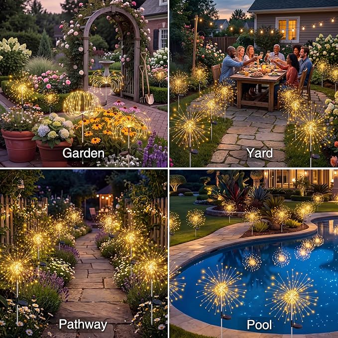 btfarm 6 Pack Solar Garden Lights Outdoor, 8 Modes Firework Lights Outside | 120LED, Waterproof Fairy Twinkle Light Solar Powered for Yard Christmas Pathway Lawn Pool Patio Decorative, Warm White