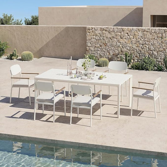 Modern Shade Lusso Outdoor Dining Chairs Set of 6, Fade Resistant, All-Aluminum Outdoor Chairs with FSC Teak Wood Armrests, Weather-Resistant Patio Chair with Quick Dry Cushion, White