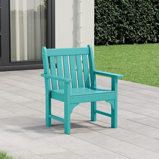 Costaelm Outdoor Dining Arm Chair, Patio HDPE Garden Dining Table Chair, Poly Lumber Waterproof Restaurant Bistro Farmhouse Chairs for Outside Porch Backyard, Turquoise