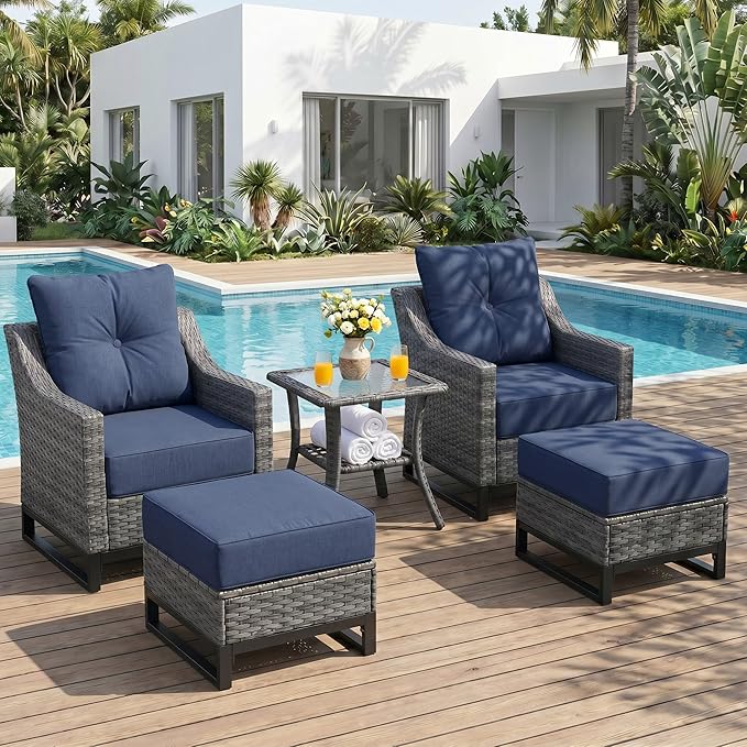 5 Pieces Patio Furniture Set, PE Rattan Patio Set with Soft Cushions & Side Table,All Weather Outside Furniture with Ottoman for Porch, Garden, Backyard