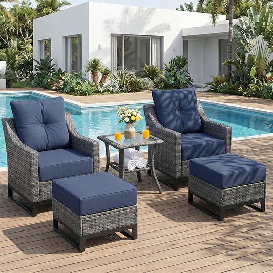 5 Pieces Patio Furniture Set, PE Rattan Patio Set with Soft Cushions & Side Table,All Weather Outside Furniture with Ottoman for Porch, Garden, Backyard