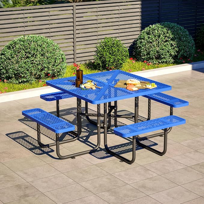 46'' Square Metal Picnic Table with 1.73" Umbrella Hole, Heavy-Duty Commercial Grade Steel Table Set, Rust Resistant Mesh Tabletop, Smooth Round Corner Design for Patio, Garden, Park & BBQ, Blue
