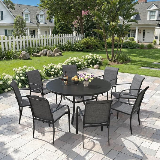 9 Pieces Patio Dining Set, 53" Round Dining Table with Umbrella Hole, 8 Stackable Textilene Fabric Chairs, Metal Structure for Patio, Porch, Garden(Black Table, Grey Chair)