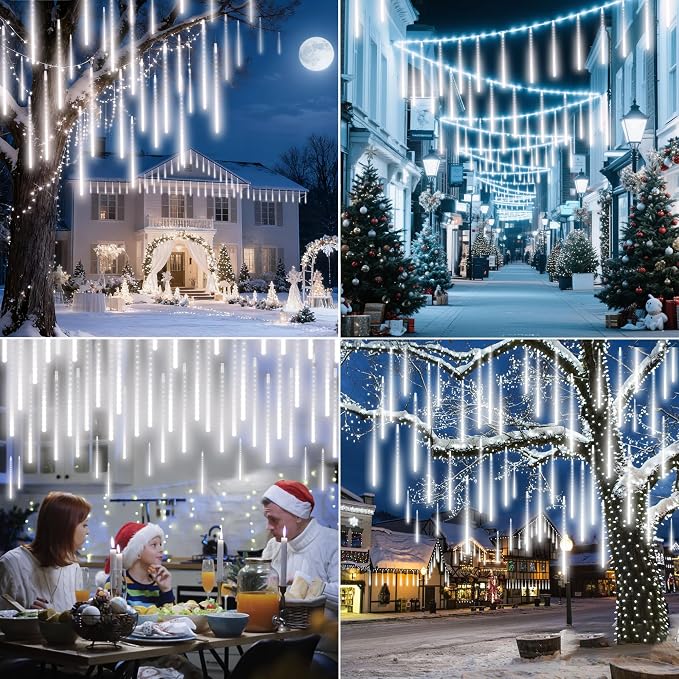 EEIEER Meteor Shower Lights Outdoor, 11.8 inches 10 Tubes 240 LED Snowfall Falling Rain Lights for Halloween Christmas Holiday Tree Home Party-White