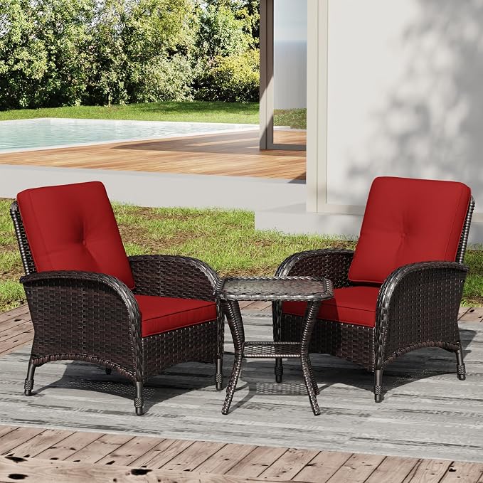 Joyside Wicker Patio Chairs, 3 Piece Rattan Outdoor Furniture with Thickened Cushions, High Back, Deep Seating, Wide Armrest, Outdoor Chairs for Porch, Deck
