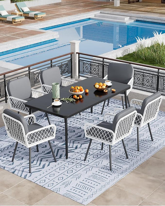 GarveeLife 7 Piece Patio Dining Set, Outdoor All-Weather Wicker Furniture with Table, Patio Conversation Sets with Cushions for Balcony, Garden, Sunroom, Porch