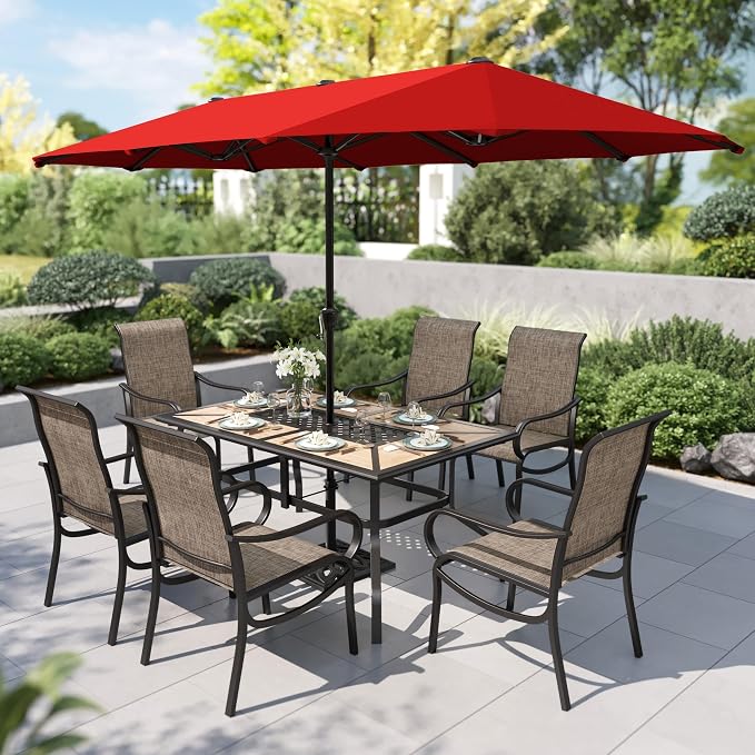 PHI VILLA 8 Pcs Outdoor Dining Set with 13ft Umbrella, Mesh Dining Chairs | 60'' wood-look rectangular table, 6 patio textilene chairs and 13ft orange red umbrella(NO BASE) for deck, garden, backyard