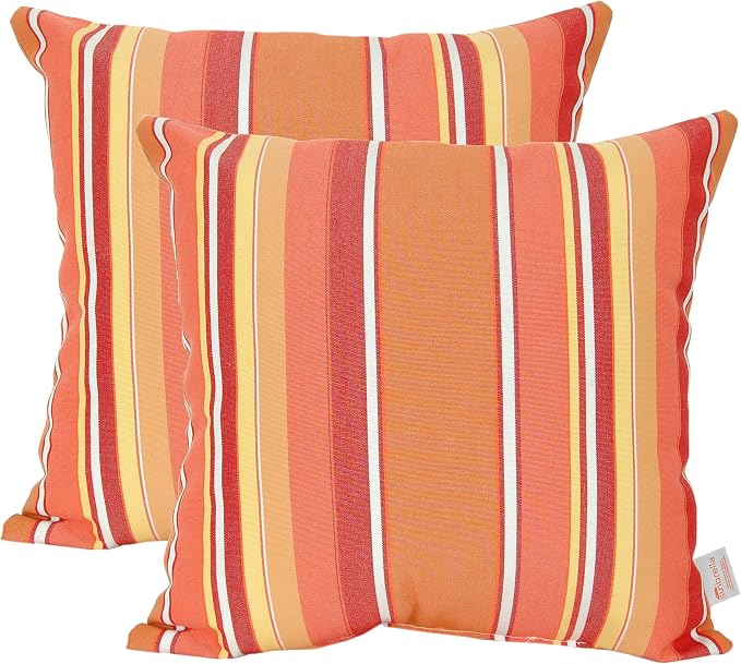 Outdoor/Indoor Sunbrella Throw Pillow Cover Only Square Set of 2 Pieces 16 inch x 16 inch Dolce Mango Stripe - Insert Not Included, Orange