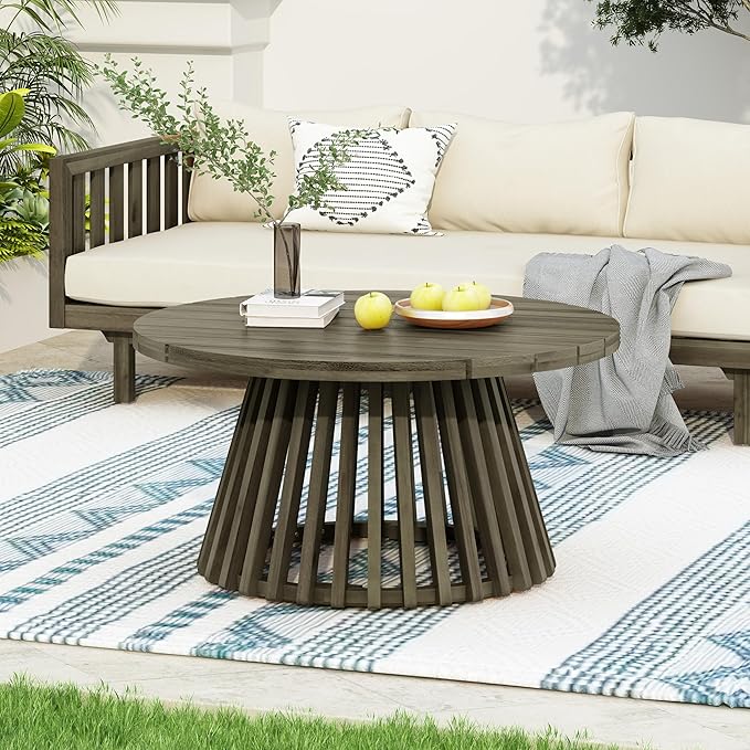 Christopher Knight Home Hakee Acacia Wood Patio Coffee Table, Round Table with Unique Wooden Base for Backyard, Balcony, Stylish Indoor/Outdoor Table, Easy Assembly, 31.5"x 31.5"x 16", Grey