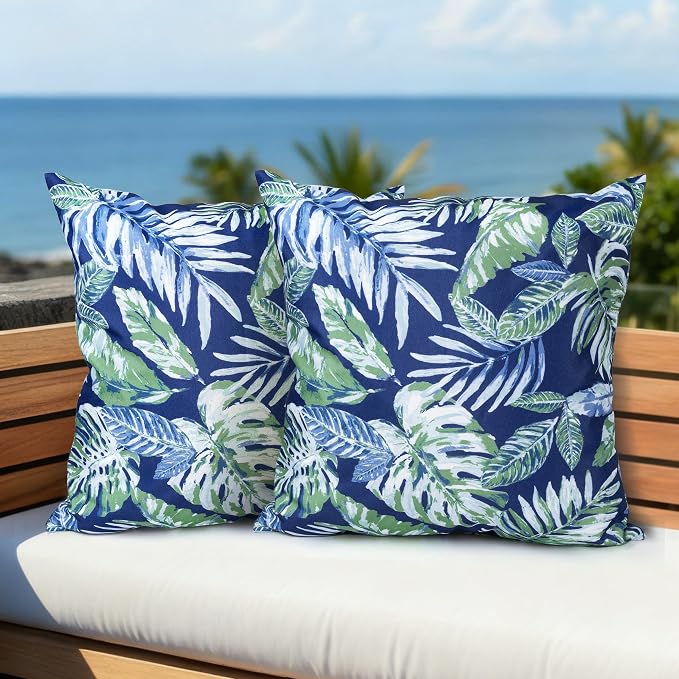 Outdoor Pillow Covers 18x18 Inch, Waterproof Throw Pillow Covers Pack of 2, Water-Resistant Decorative Pillow Case for Patio Furniture Tent Garden, Tropical Leaf, Blue Green, Cover ONLY