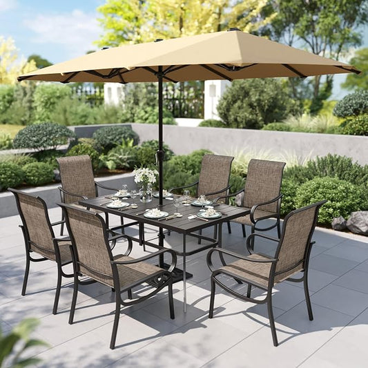 PHI VILLA 8 Pcs Outdoor Dining Set with 13ft Umbrella, Mesh Patio Chairs | 59'' rectangular metal table, 6 textilene chairs and 13ft beige umbrella(NO BASE), all-weather for deck, garden, backyard