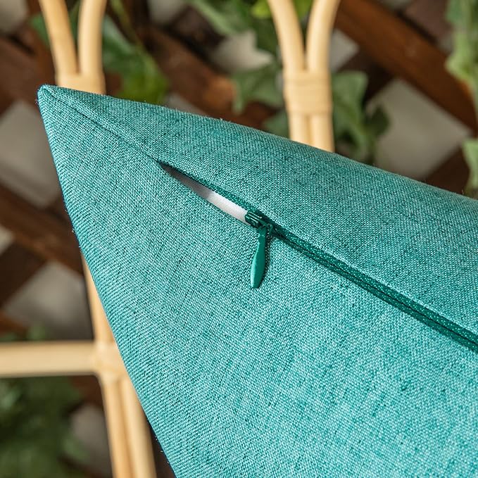 Outdoor Waterproof Throw Pillow Covers Turquoise 18x18 Set of 2 | Decorative Farmhouse Linen Pillowcases Solid Cushion Cases for Patio Tent Balcony Couch Sofa Living Room