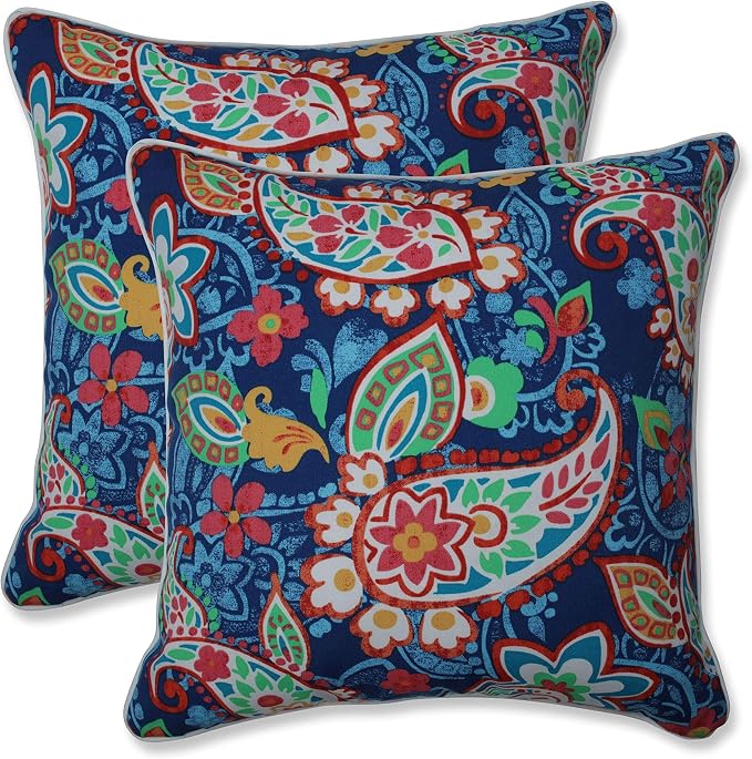 Pillow Perfect Paisley Indoor/Outdoor Accent Throw Pillow, Plush Fill, Weather, and Fade Resistant, Large Throw - 18.5" x 18.5", Blue/Green Party, 2 Count