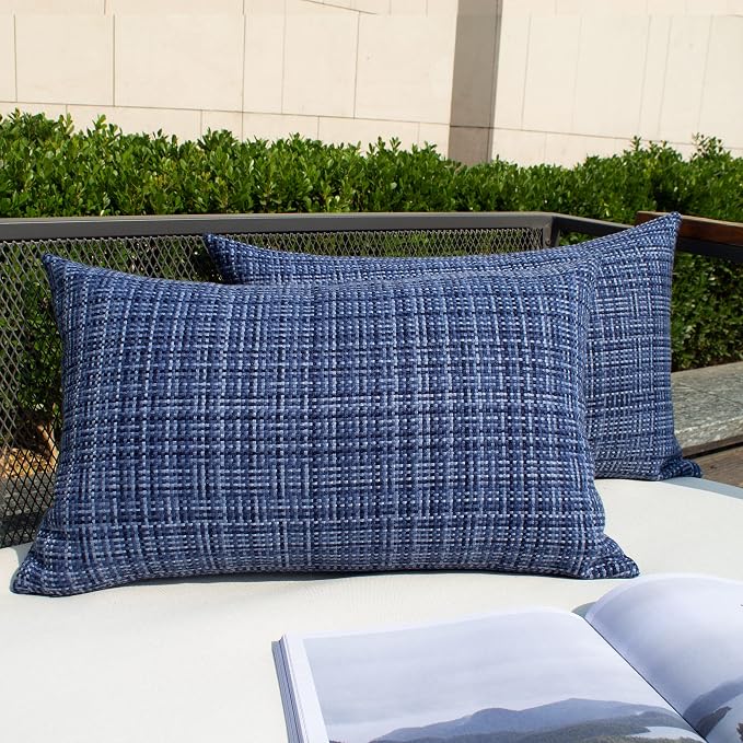 Kevin Textile Outdoor Waterproof 14"x24" Pillow Covers 2 Pack, Navy Blue | Water Resistant, Faux Linen Yarn-dyed, Woven Texture Throw Pillow Covers for Tent Patio Garden Couch Sofa