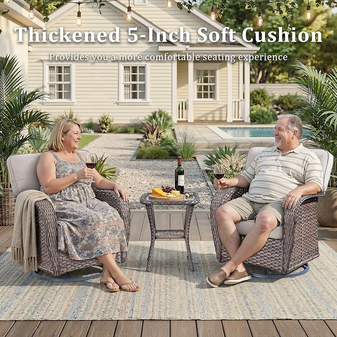 7 PCS Patio Furniture Set with Fire Pit Table, Outdoor Sectional Sofa Couch with Rocking Swivel Chairs 5" Deep Seat Chairs, Modern Wicker Rattan Conversation Set, Beige/Brown Wicker
