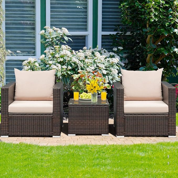 HAPPYGRILL 3PCS Patio Furniture Set with Coffee Table Outdoor Rattan Wicker Conversation Sofa Set with Washable Cushions for Garden Poolside